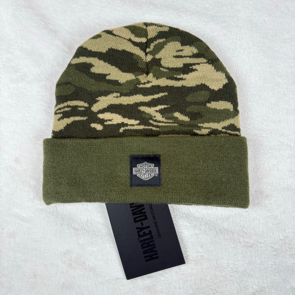 Harley-Davidson Mens Green Camo Knit Beanie Cuffed Hat 97691-23VM New